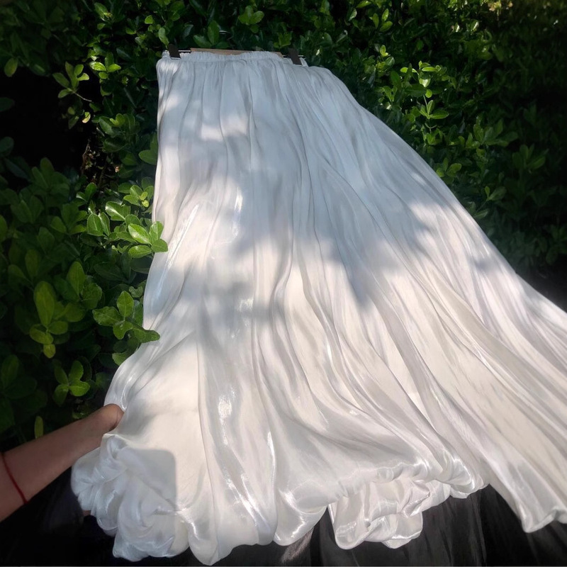 French Pearlescent Satin Floral Dress Women's 2025 New Spring Puffy Mid-length Dress High Waist A- line Pleated Skirt