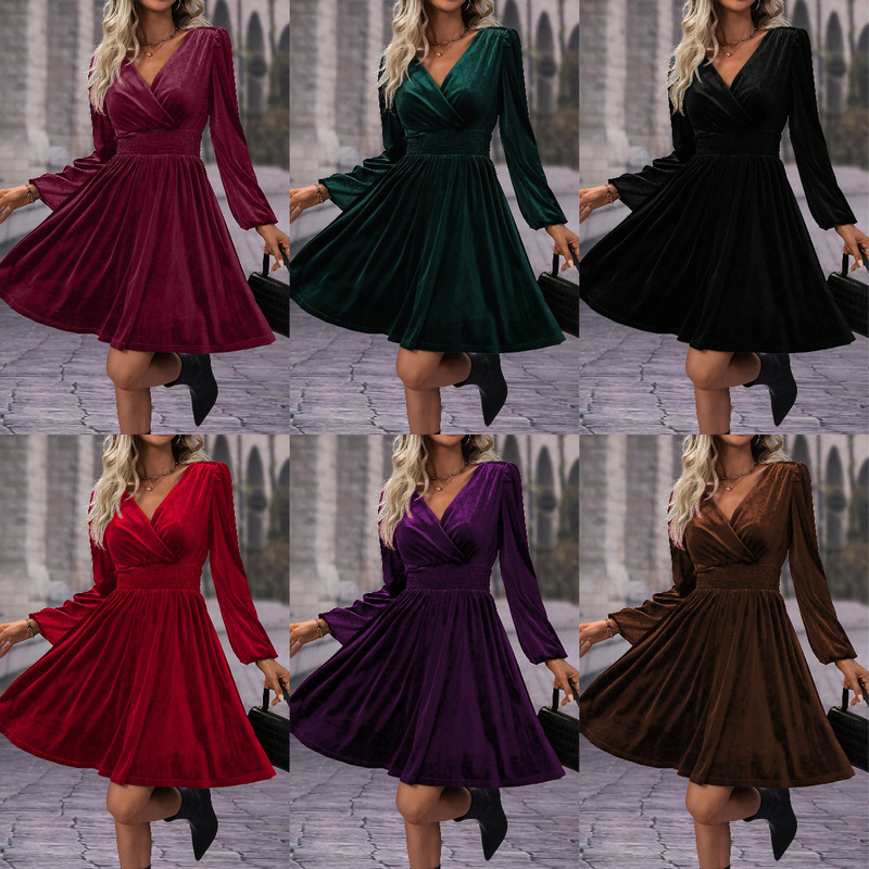 Actual Shot of Spot Export Cross-Border 2025 New Autumn and Winter European and American Velvet Pure Color V Neck Long-Sleeved Long Dress