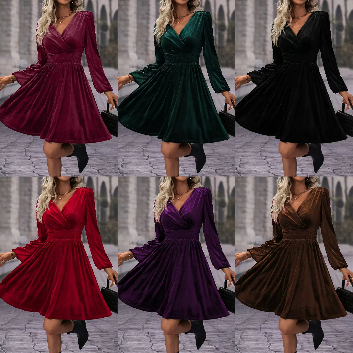 实拍现货外贸跨境2025新款秋冬季欧美丝绒纯色V领长袖长款连衣裙