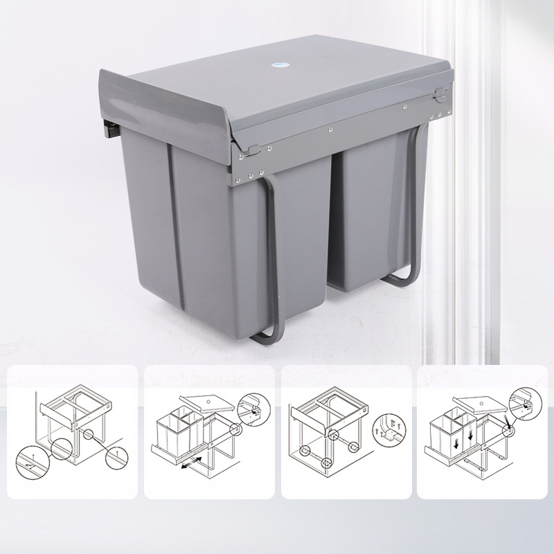 Clasificación de basura de cocina 400 gabinete marco de hierro 20L + 2 * 10L integrado tres barriles de amortiguación de plástico pista de amortiguación