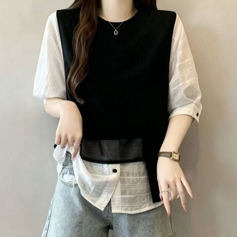 Summer New Style French-Style Faux Two-Piece Vest Spliced with Short-Sleeve Shirt for Women, Loose Fit, Slimming, Versatile Top 1872 Trendy