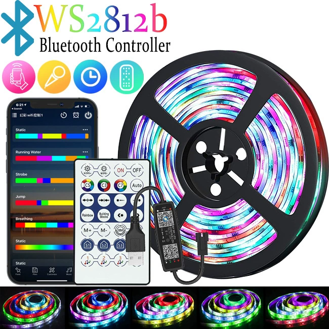 USB светодиодная лента 5В разноцветная RGB, мигающая смена цветов WS2812B, Bluetooth бегущий свет, настольная атмосферная подсветка