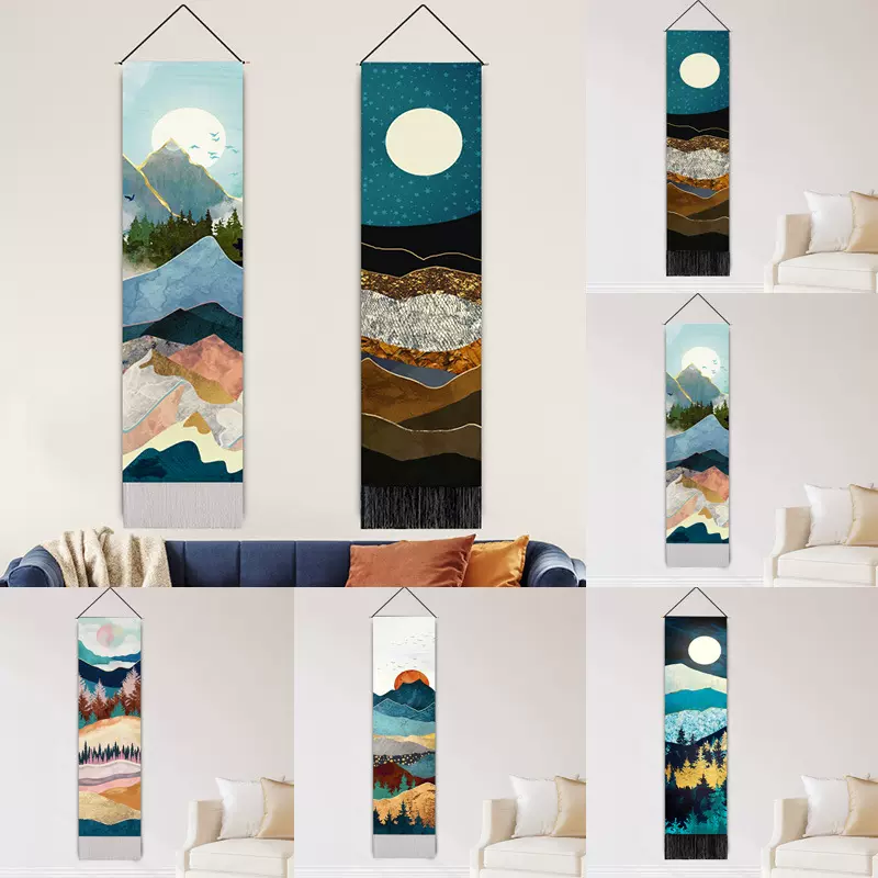 山水彩绘红日挂毯北欧家居挂画 客厅房间装饰壁毯数码印花可定 制