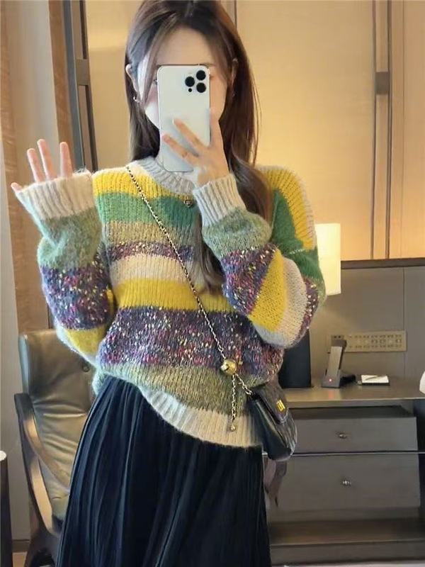 彩虹色条纹减龄毛衣女套头2025秋冬季新款撞色软糯慵懒宽松针织衫|undefined