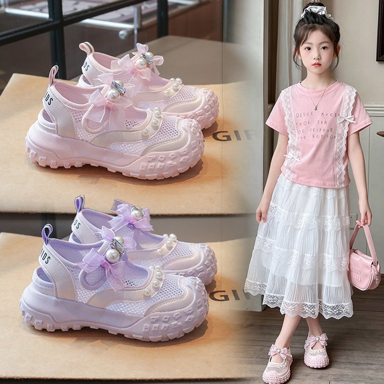Zapatos casuales transpirables de malla para niños 2026 verano sandalias deportivas para niñas arco de perlas zapatos de princesa de moda