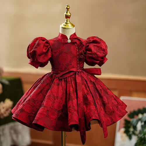 GIRL'S FIRST BIRTHDAY DRESS MODERN PRINCESS SKIRT RED CHINESE STYLE flower child children host performance costume