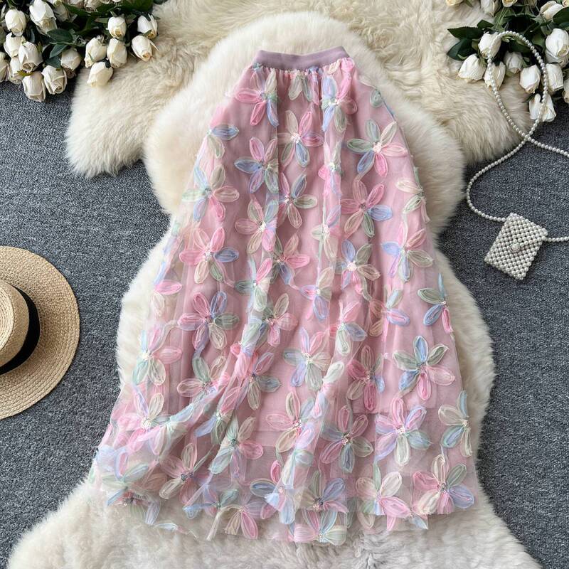 New Pink Mesh Skirt for Women Summer French Heavy Sequin Flower Umbrella Skirt Fluffy Fairy Large Hem Gauze Skirt