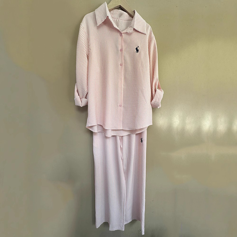 2025 cross-border foreign trade women's striped lapel cotton linen loose shirt two-piece high waist straight trousers suit