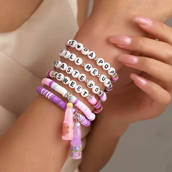 Cross-Border New Product European and American Retro Style English Word Wishing Bottle Pop Music Style Multi-Layered Soft Clay Bracelet