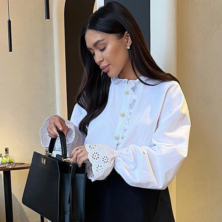 Camisa de estilo corte francés con cuello alto y bordes de loto con diamantes, moda versátil, venta al por mayor