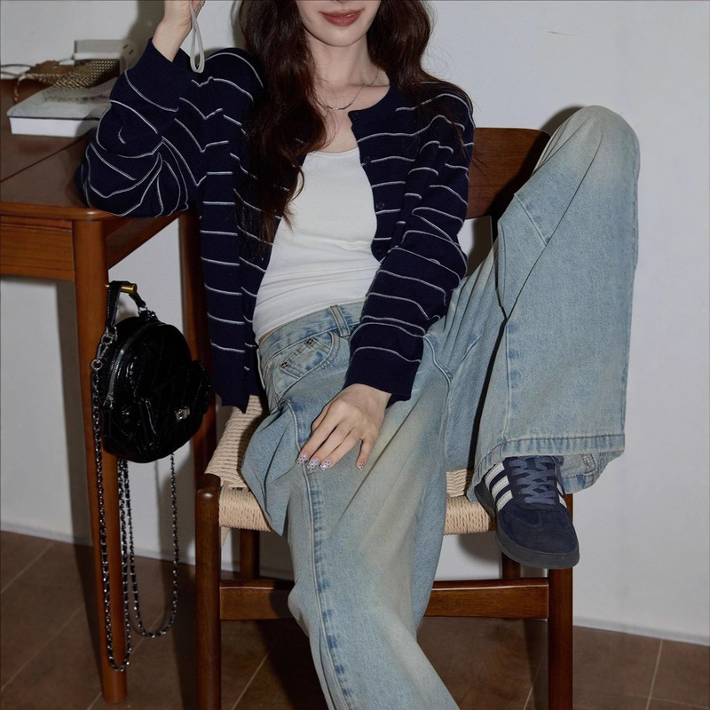 Chaohome Korean-Style Navy Blue Striped Knit Sweater for Women 2025 Autumn Elegant Casual Slim Long-Sleeve Cardigan Jacket