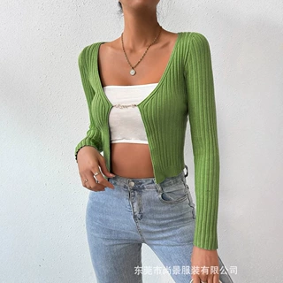 时尚纯色百搭个性针织开衫女性感辣妹链条设计外搭ins潮毛衣V字领