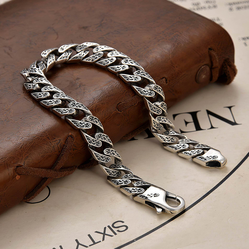 925 Silver Cuban Sterling Silver Bracelet Men's Vintage Birthday Gift Handmade Light Luxury Tang Grass Pattern Bracelet for Boys 925 Silver Cuban Sterling Silver Bracelet Men's Vintage Birthday Gift Handmade Light Luxury Tang Grass Pattern Bracelet for Boys