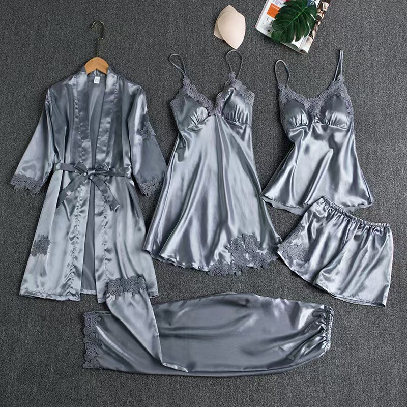 Women's Popular Summer Ice Silk Sexy Pajamas, Spring and Autumn Long-Sleeve Thin Plus-Size Cross-Border Five-Piece Set Bathrobe