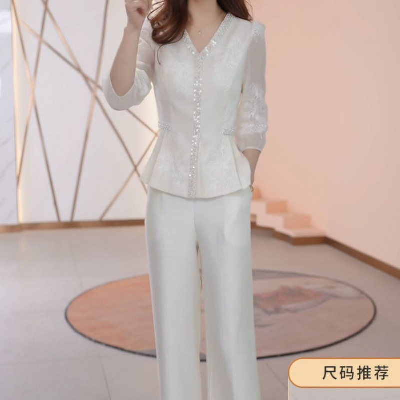 シングルスーツ、女性用の年齢を軽減するツーピーススーツ、春夏の新しいスタイル、エレガントな年齢を軽減するお腹カバー痩身トップス、ストレートパンツスーツ、トレンディ|undefined