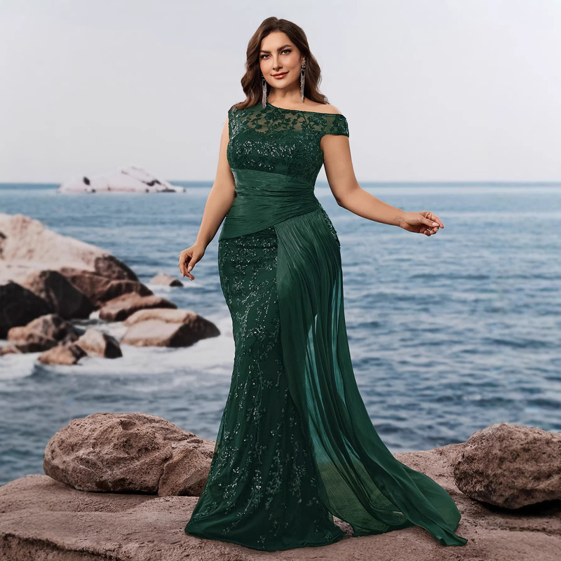 European and American Plus-Size Elegant Sequin Splicing Fitted V-Neck Sleeveless Cocktail Evening Dress for Mothers European and American Plus-Size Elegant Sequin Splicing Fitted V-Neck Sleeveless Cocktail Evening Dress for Mothers
