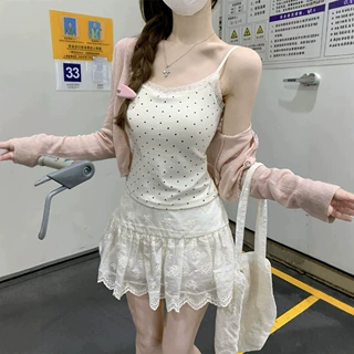韩系甜美风波点印花拼接蕾丝边吊带背心女装夏季内搭外穿修身上衣