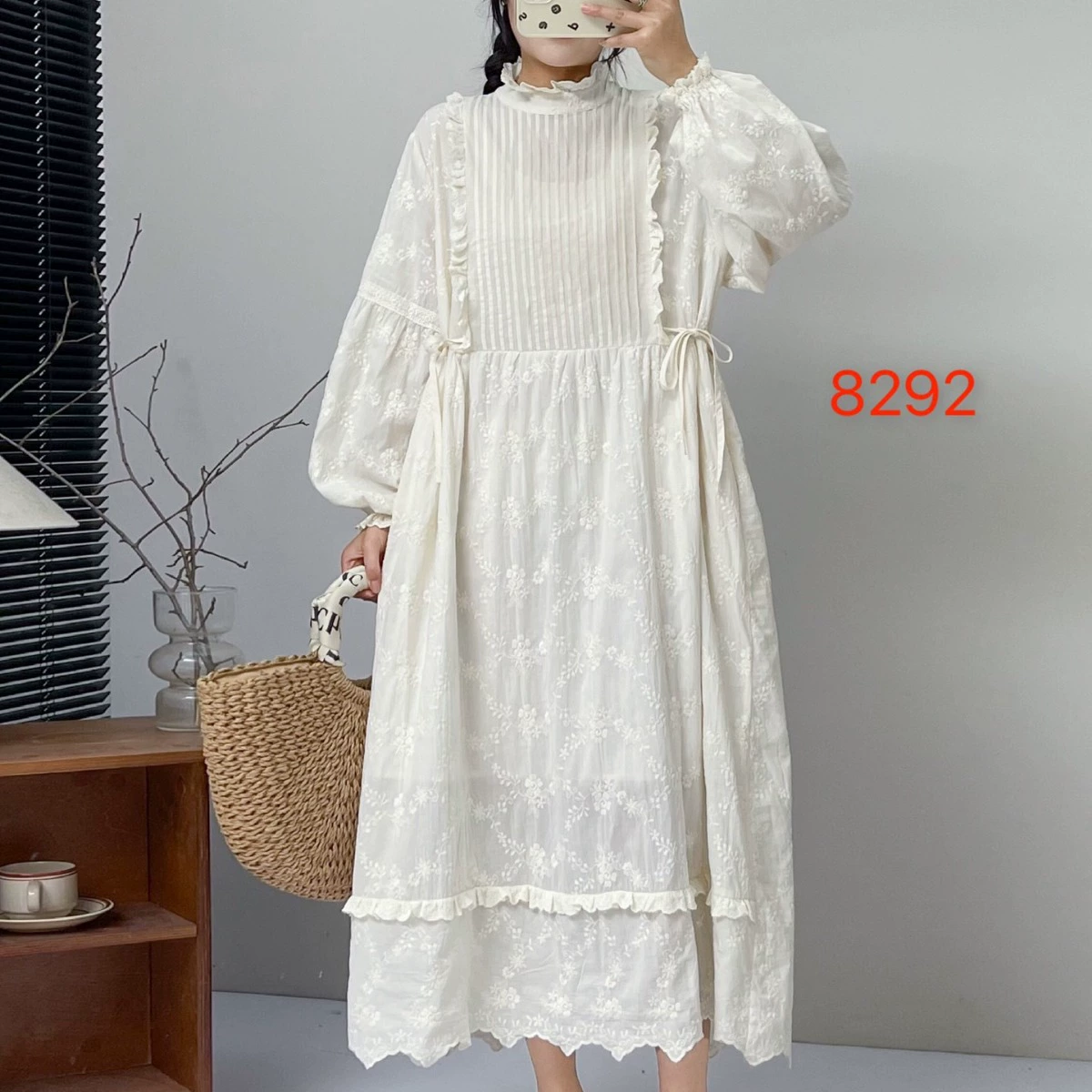 Весеннее Новое Хлопковое платье с длинным рукавом и кружевным воротником-стойкой, плиссированное на талии, платье принцессы