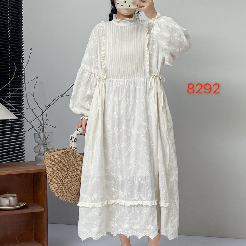 Spring New lace stand collar organ pleated waist lace-up cotton embroidered long sleeve dress Princess dress