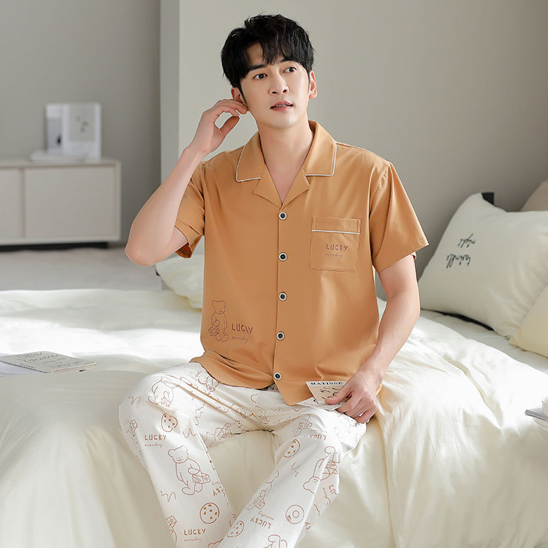 Pajamas de algodón para hombres de verano Cardigan de mangas cortas pantalones largos delgados set de ropa de hogar grande