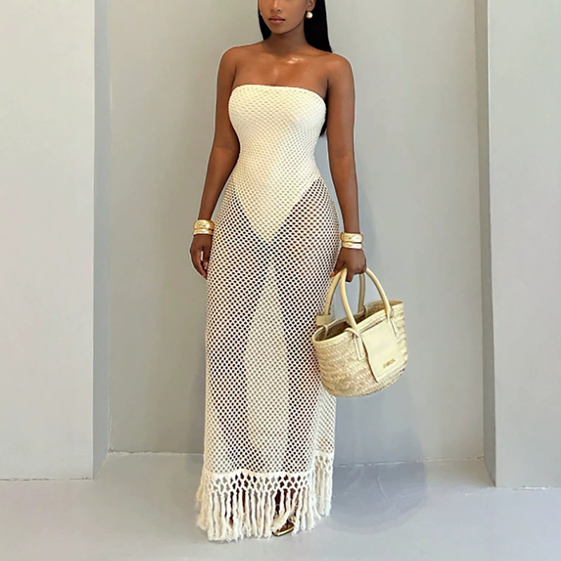 2026 European and American cross-border summer new mesh pullover hollow-out foreign trade solid color beach vacation long dress