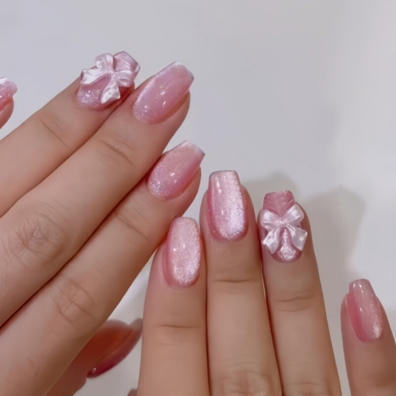 24 Pieces of Pink Bow Cat-Eye Press-On Nails, Same Style as on Instagram, False Nails, Nail Art Pieces
