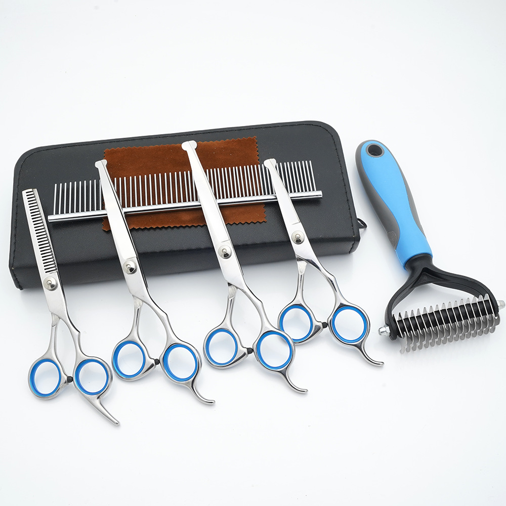 Tijeras de cuidado de mascotas al por mayor de fábrica, tijeras planas de corte de pelo de perro, tijeras de dientes finas, tijeras de colores, herramientas de corte de pelo de gato