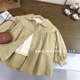 女童秋装外套宝宝韩版中长款卡其色上衣单排扣翻领蕾丝边风衣外贸