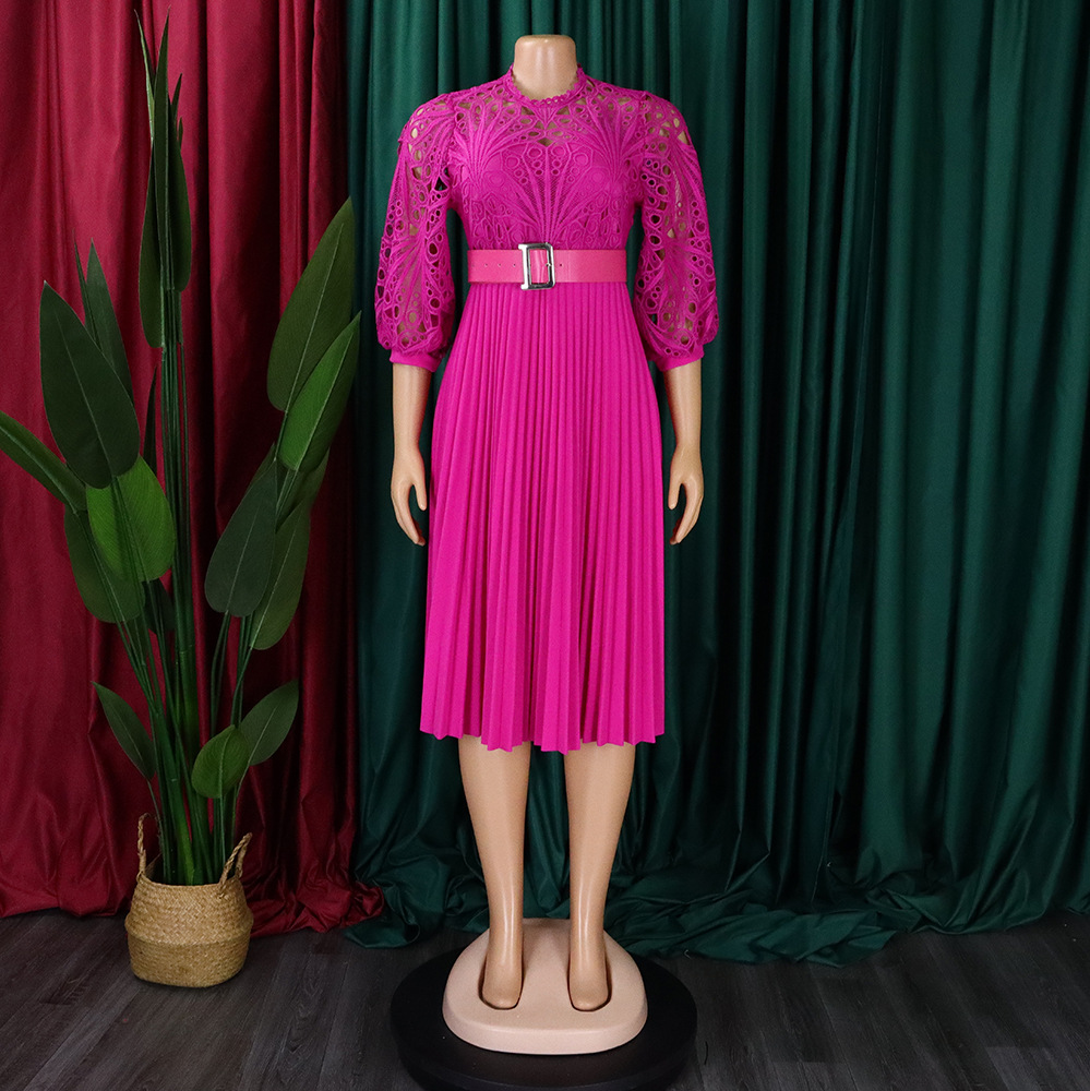 Women's Lace Hook Dress Hollow Pleated Stitching New Clothing_ecoleips.com