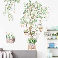 Flowering trees, green plants, vine pot plants, rabbits, fresh decorative pastoral minimalist painting for bedroom living room arrangement, self-adhesive wall sticker