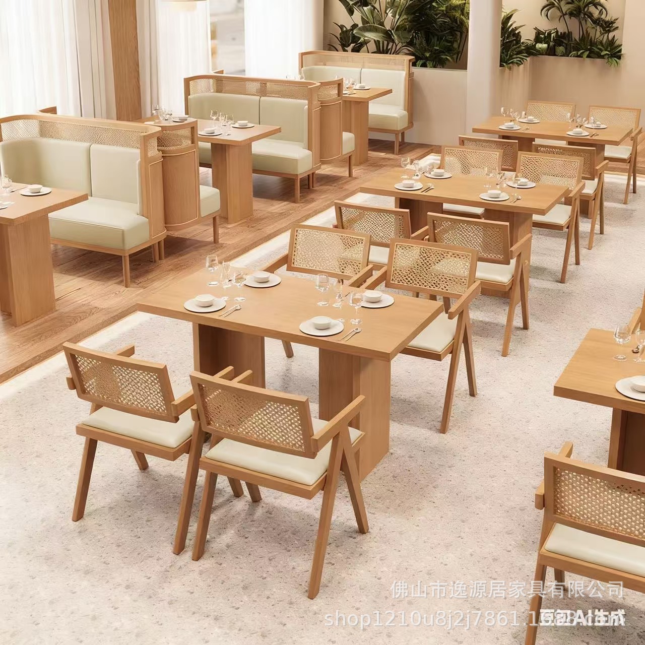 Simple Solid Wood Rattan Chair Commercial Milk Tea Shop Cafe Dining Table Booth Table and Chair Combination Western Food Tea Room Dining Table