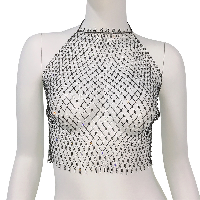 Ropa de mujer europea y americana Amazon transfronteriza malla popular rhinestone red de pesca cabestrillo sexy hueco chica caliente Honda hembra