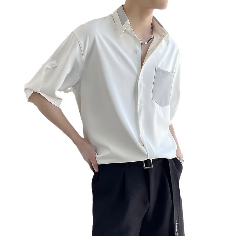 Camisa de manga corta de verano Camisa suelta casual de negocios para hombres Bolsillo de todo fósforo para estudiantes Tendencia blanca