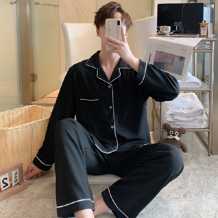 Pijama masculino primavera / otoño / invierno manga larga estilo coreano simple waffle juventud de mediana edad suelta hombre conjunto de ropa de hogar