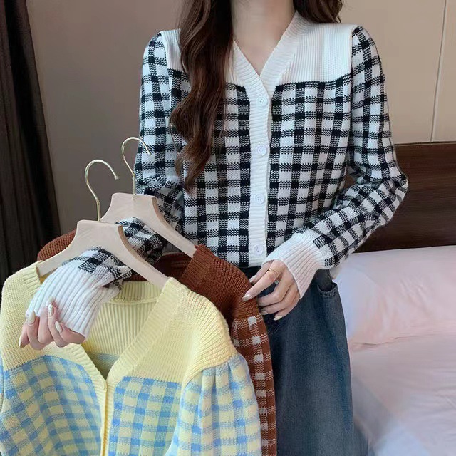 V领格子提花图案宽松长袖针织开衫女秋冬季短款百搭小外套上衣女