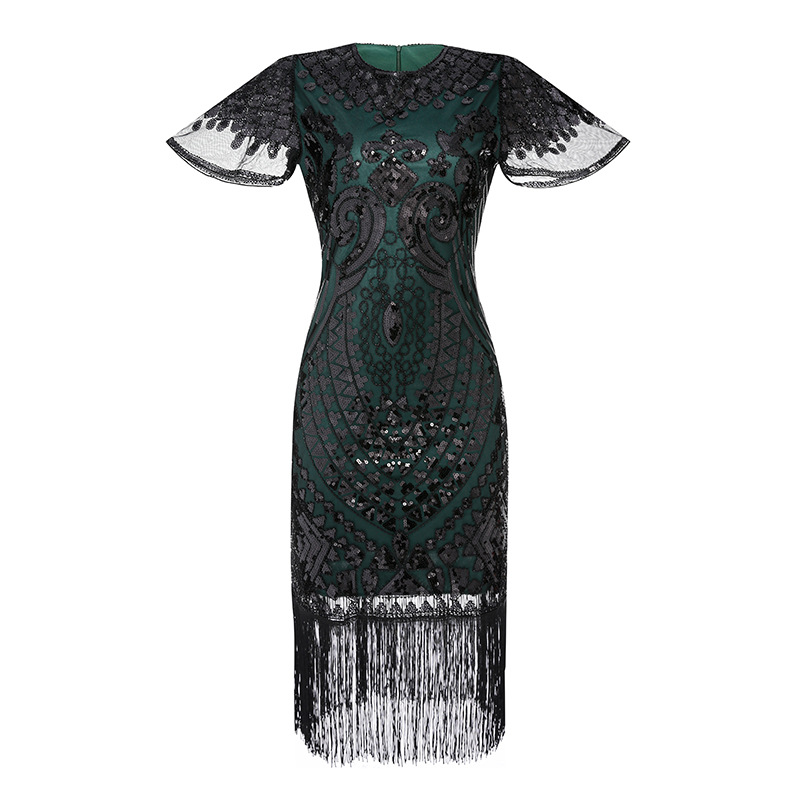 Fiesta transfronteriza de los años 20 Gatsby con cuentas vestido de malla vintage manga corta borla de lentejuelas vestido de bola