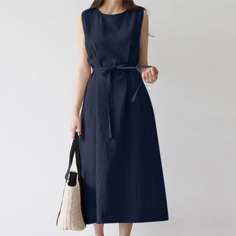 European And American Cross-border Women's Fashion Loose Bohemian Sleeveless Round-neck Solid Color Cotton-linen Long_ecoleips.com