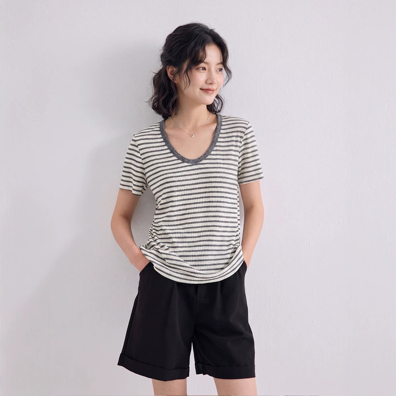 Tencel Acetate U-Neck Short-Sleeve 2026 Spring/Summer New Linen Slimming T-Shirt Basic Versatile Cool Top for Women Tencel Acetate U-Neck Short-Sleeve 2026 Spring/Summer New Linen Slimming T-Shirt Basic Versatile Cool Top for Women