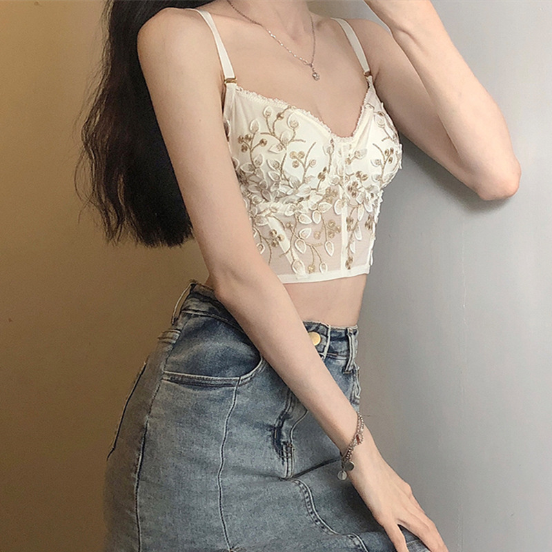 Comercio exterior estilo francés corte floral ropa interior inalámbrica delgada de encaje sexy bordado ocho pecho sujetador traje