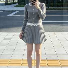 小香风短款减龄蕾丝花边毛衣开衫外套两件套女针织百褶短裙套装潮