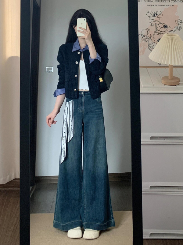 2025秋冬新款小香风时尚藏青色粗花呢正肩拼接外套女显瘦短款开衫|undefined