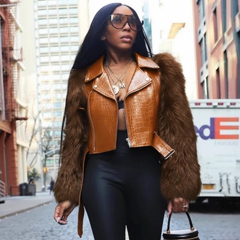 European and American Style Spliced ​​Fur Motorcycle Jacket, Women's Autumn and Winter Short Imitation Leather Jacket, Fashionable Street Warm Top
