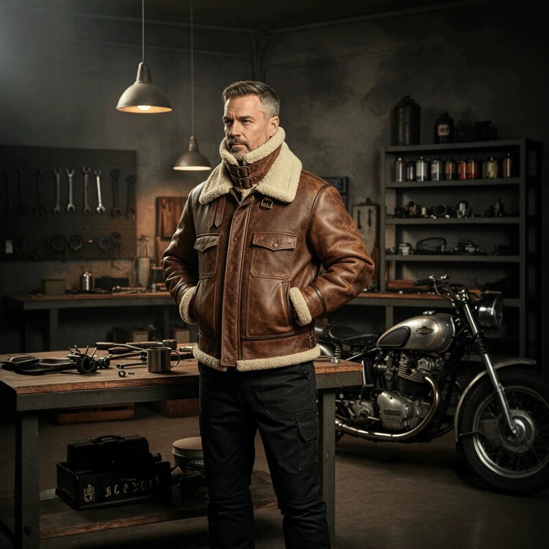 Cross-Border Exclusive Supply of Vintage Distressed Leather and Fur Integrated Bomber Jackets for Men, Thickened with Lamb Wool Collar, Workwear Style