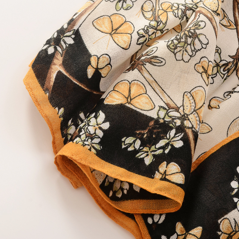 Japonés y coreano dulce mariposa flor rama decoración algodón y lino sensación bufanda de seda artística todo partido bufanda Vacaciones Viajes protector solar chal