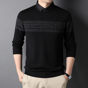 Men's knitted fake shirt collar matching youth long sleeve Youth striped jacquard sweater bottoming shirt wholesale