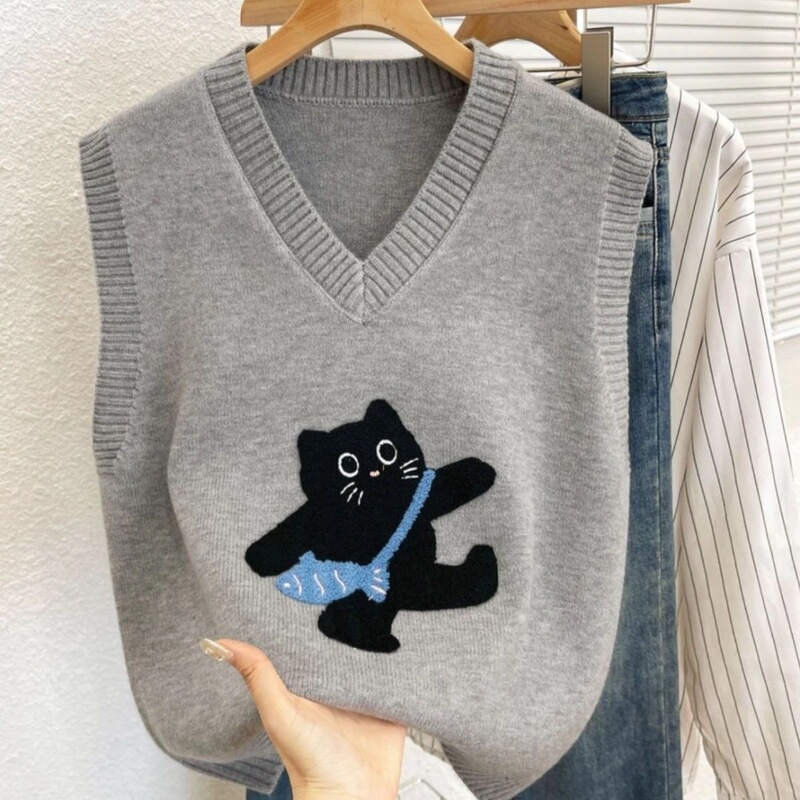 Popular V-neck youthful versatile embroidered kitten autumn knit sweater vest for women, fashionable for layering or wearing alone