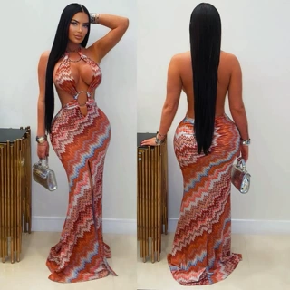 C7727跨境速卖通亚马逊2026新款女装休闲印花波纹连衣裙女夏长裙