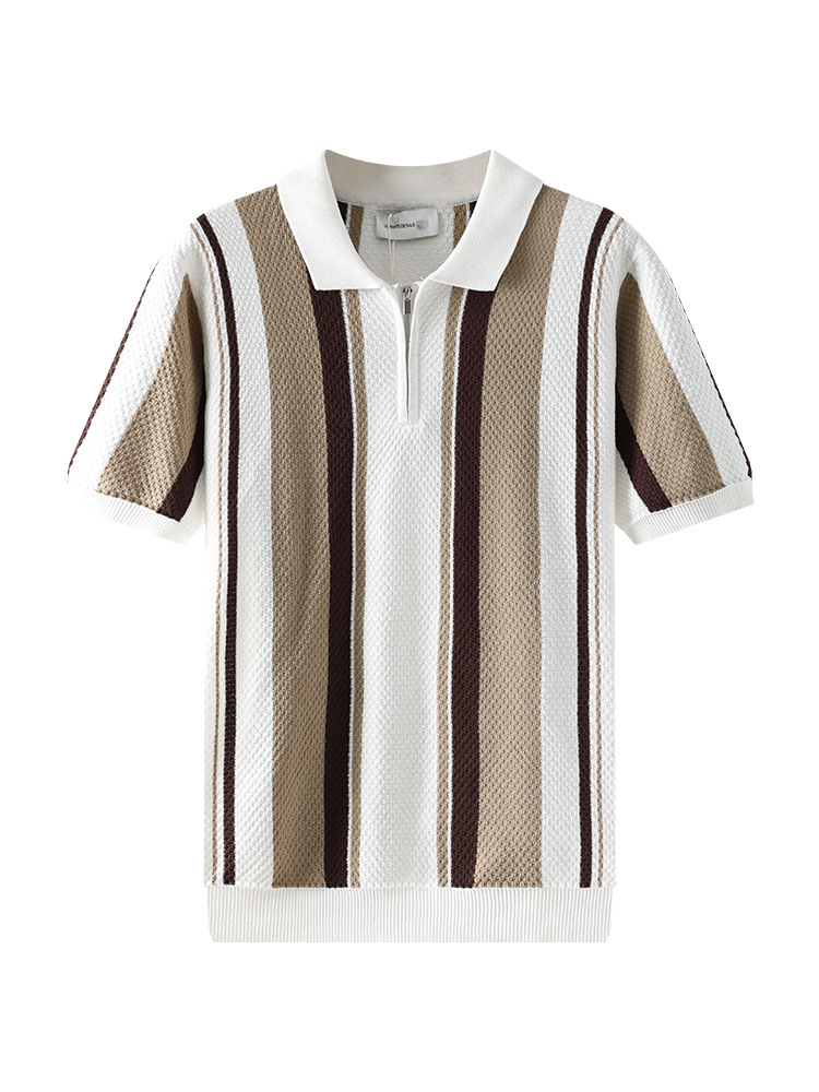 Europa y Estados Unidos transfronterizos hombres rayas hielo tejido polo medio cremallera solapa manga corta ligera camiseta casual de negocios madura