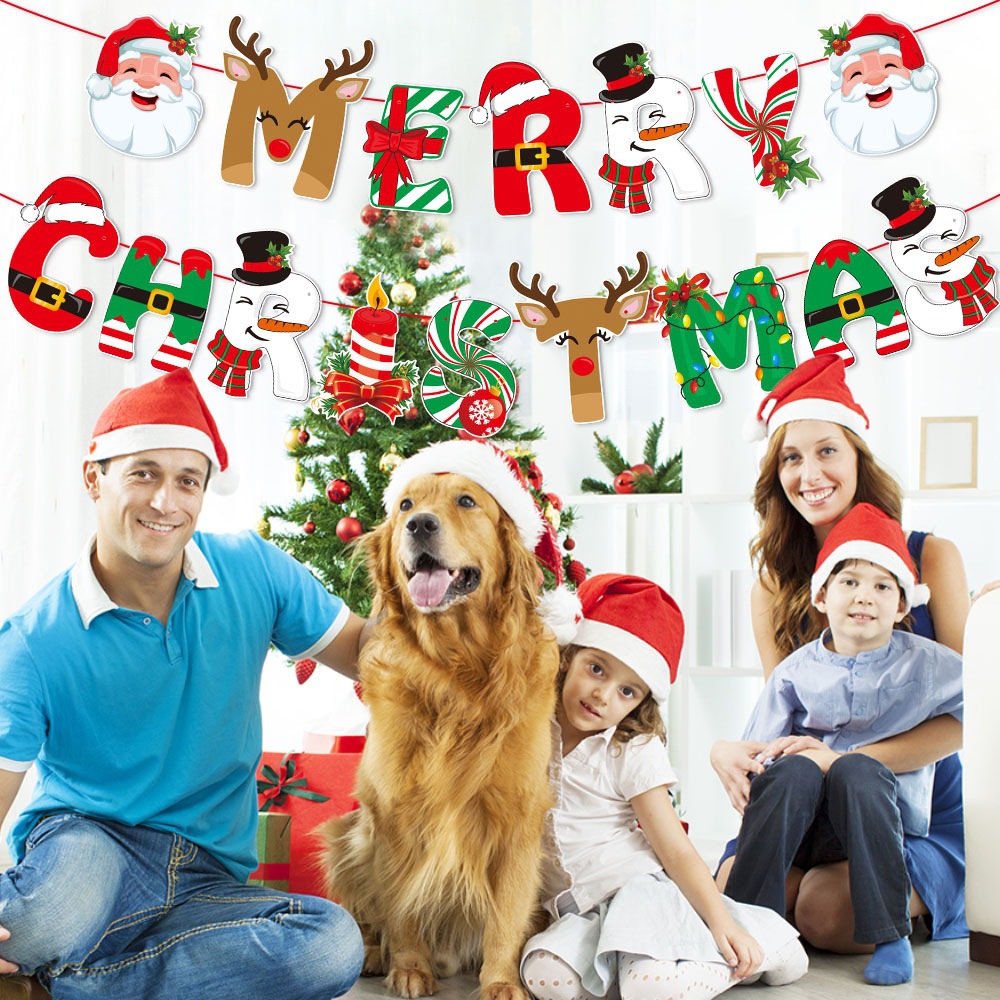 Decoración de fiesta de Navidad transfronteriza feliz Navidad tirar bandera Santa Claus árbol de Navidad pastel plug-in