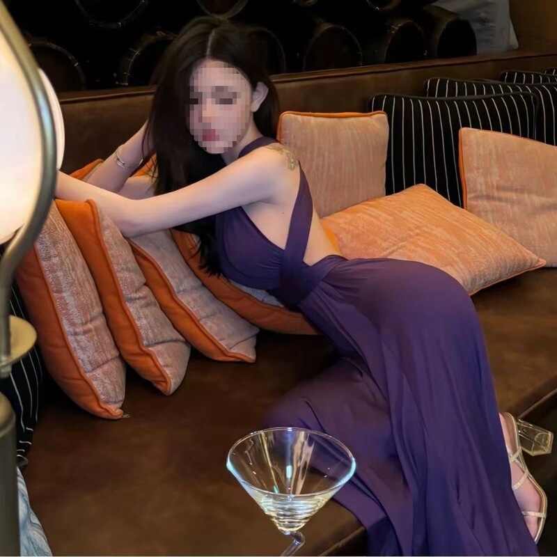 Elegant Birthday Party Dress, Long Engagement Dress for a Socialite, Sexy Backless Purple Halter Dress